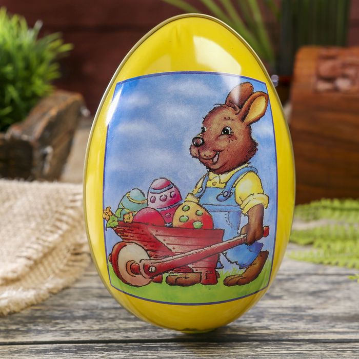 Шкатулка металл яйцо "Пасха. Зайчик с тележкой яиц" 12,2х8 см - Фото 1