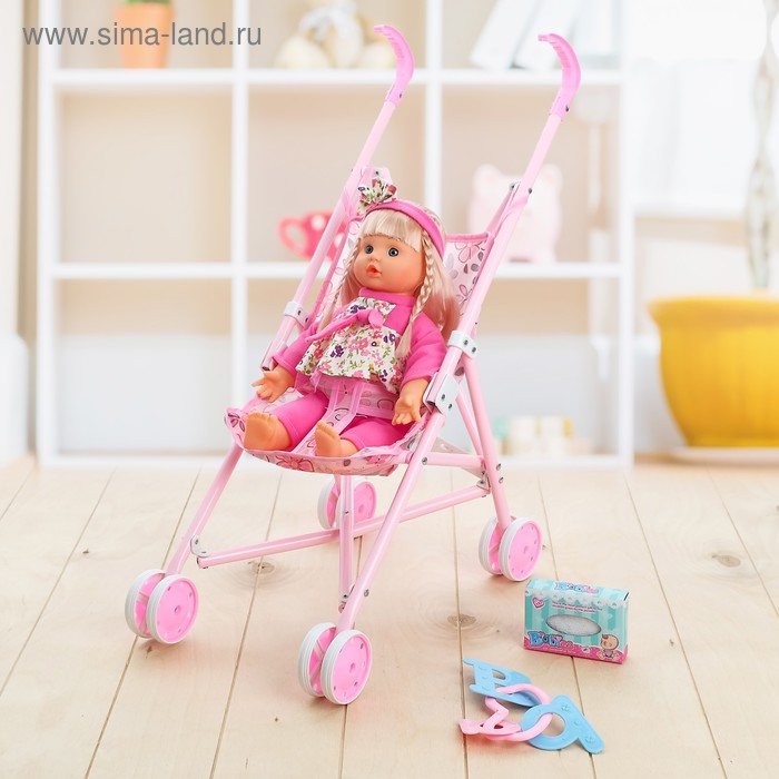Коляска-трость для куклы, с пупсом со звуком, металлический каркас - Фото 1