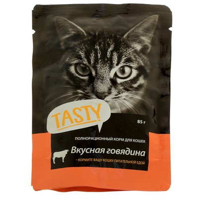 Влажный корм Tasty для кошек, говядина в желе, пауч, 85 г