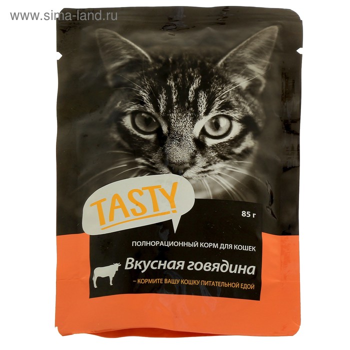 Влажный корм Tasty для кошек, говядина в желе, пауч, 85 г - Фото 1