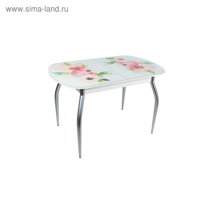 Обеденный стол «Голд», раздвижной 1150(1450) × 700 мм, стекло, хром, акварельные цветы - Фото 1