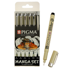 Ручка капиллярная, набор Sakura Pigma Micron Manga, разные типы, 6 штук (0.1, 0.3, 0.5, B, PG, м/к 0.7) - Фото 1