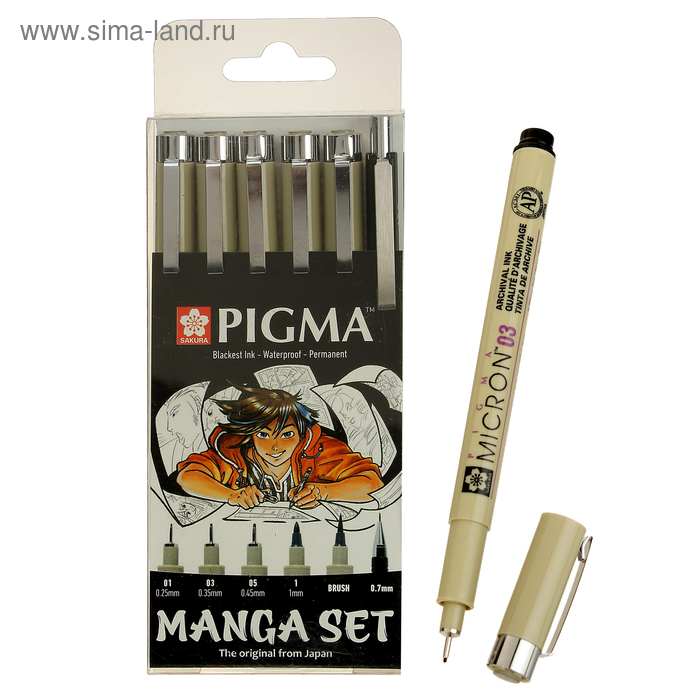 Ручка капиллярная, набор Sakura Pigma Micron Manga, разные типы, 6 штук (0.1, 0.3, 0.5, B, PG, м/к 0.7) - Фото 1