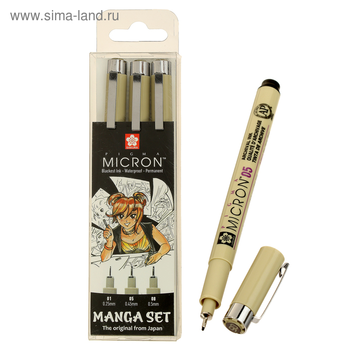 Набор ручек капиллярных 3 штуки (линеры 0.25, 0.45, 0.5), Sakura Pigma Micron Manga, цвет черный (пигментные светостойкие чернила) - Фото 1