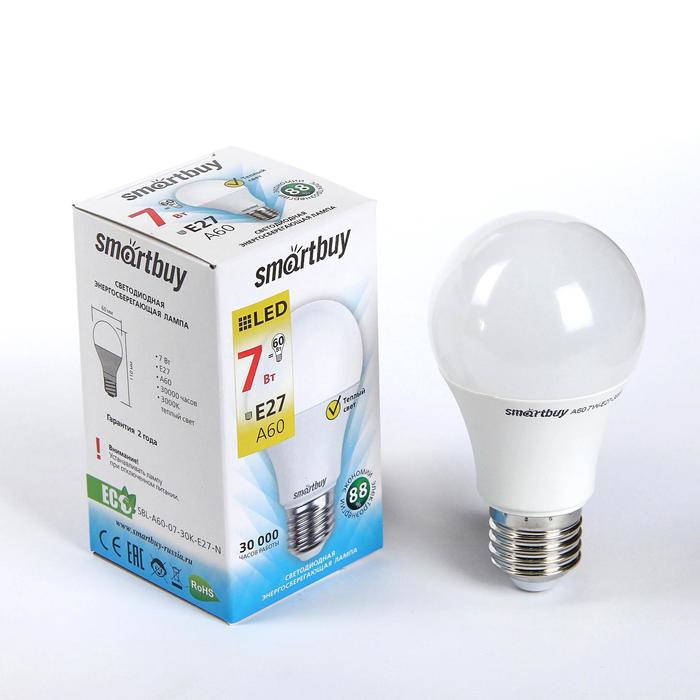 Лампа cветодиодная Smartbuy, A60, E27, 7 Вт, 3000 К, теплый белый - Фото 1