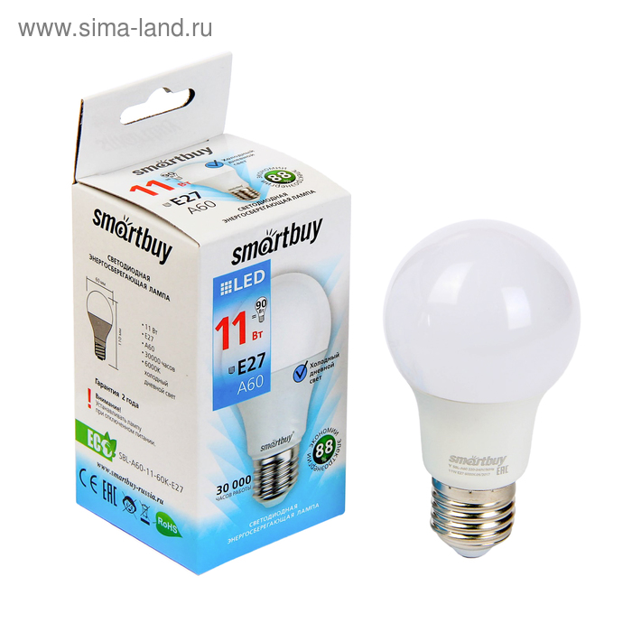 Лампа cветодиодная Smartbuy, E27, A60, 11 Вт, 6000 К, холодный белый свет - Фото 1