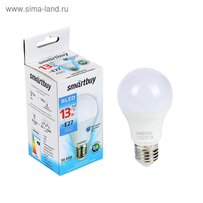 Лампа cветодиодная Smartbuy, E27, A60, 13 Вт, 6000 К, холодный белый свет - Фото 1