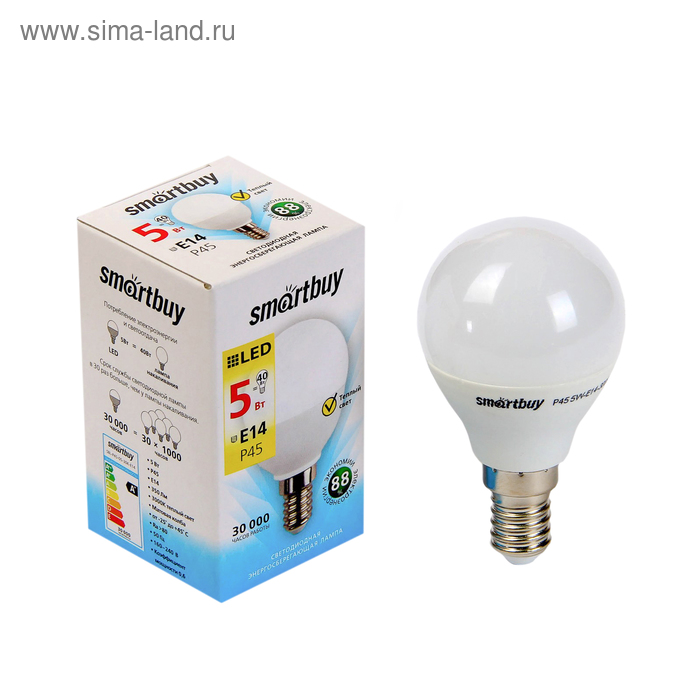 Лампа cветодиодная Smartbuy, G45, 5 Вт, E14, 3000 К, теплый белый - Фото 1