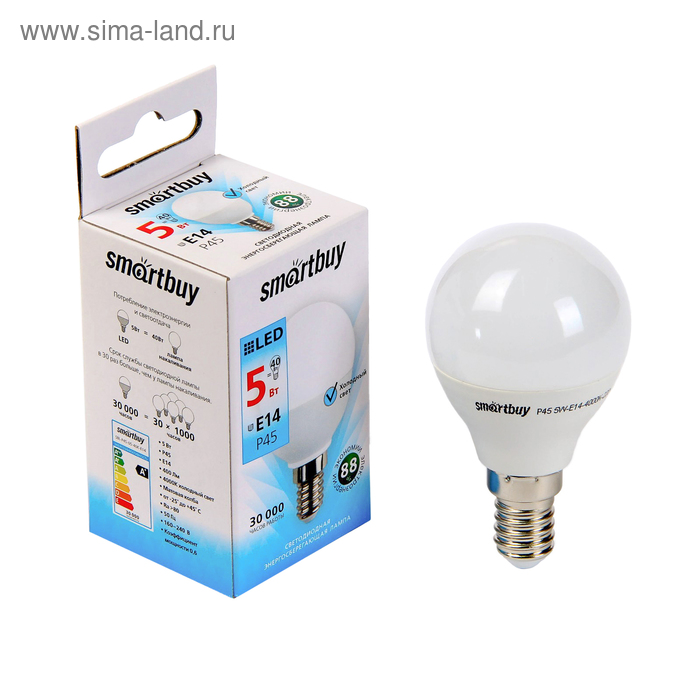 Лампа cветодиодная Smartbuy, Е14, P45, 5 Вт, 4000 К, холодный свет - Фото 1