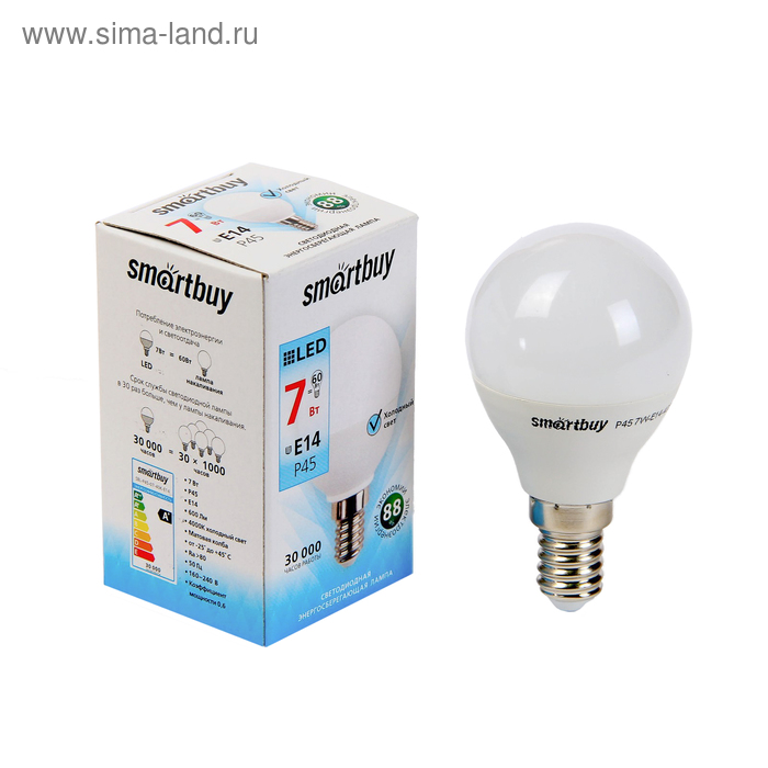 Лампа cветодиодная Smartbuy, Е14, P45, 7 Вт, 4000 К, дневной белый свет - Фото 1