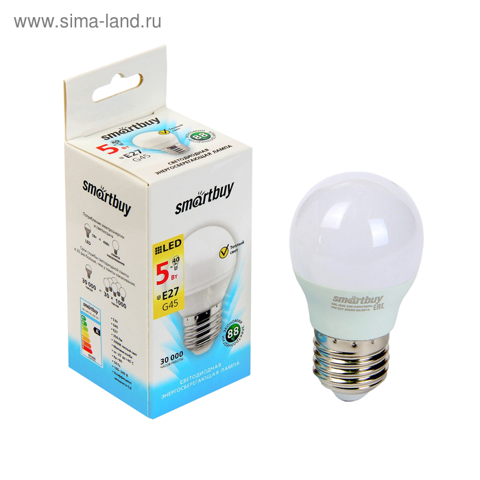 Лампа cветодиодная Smartbuy, G45, Е27, 5 Вт, 3000 К, теплый белый свет - Фото 1