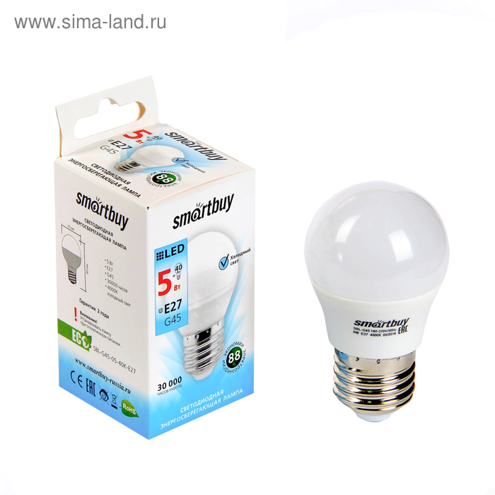 Лампа cветодиодная Smartbuy, G45, Е27, 5 Вт, 4000 К, дневной белый свет - Фото 1