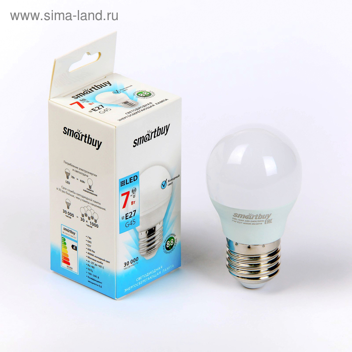 Лампа cветодиодная Smartbuy, Е27, G45, 7 Вт, 4000 К, дневной белый свет - Фото 1