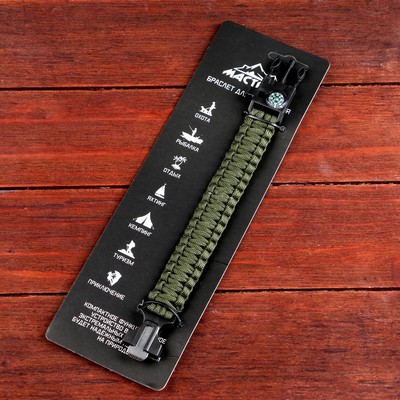 Браслет для выживания 4 в1 (паракорд, компас, свисток, огниво), 25.5×2.5 см, 3 м, тёмно-зелёный