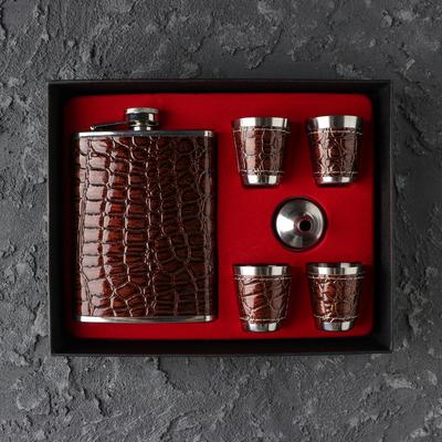 Подарочный набор 6 в 1, 22×17 см, фляжка с тёмной кожей 240 мл, 4 рюмки, металл, коричневый, экокожа