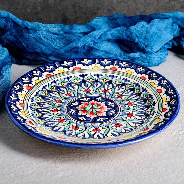 Тарелка Риштанская Керамика "Цветы",  22 см, синяя - Фото 1