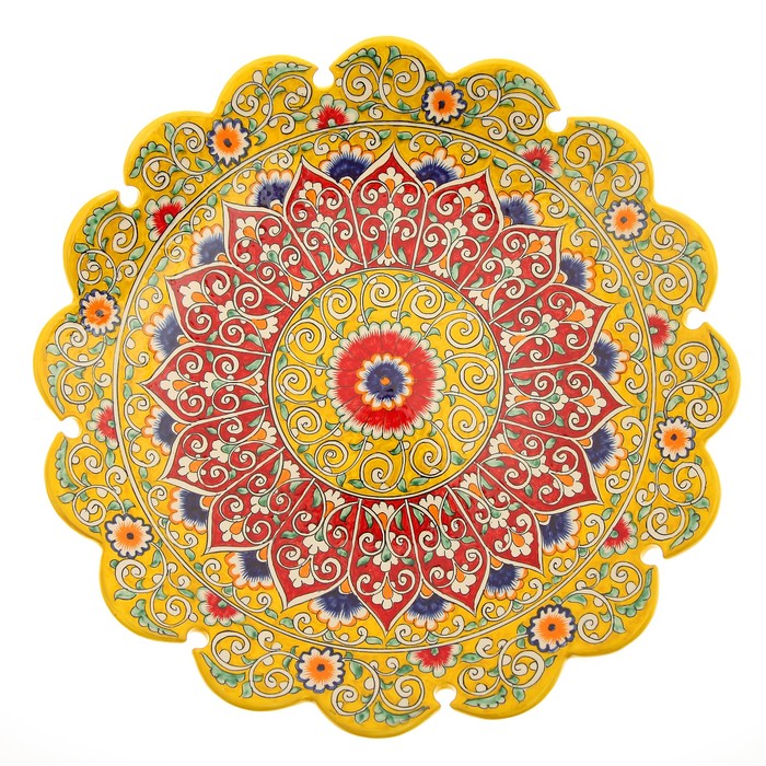 Ляган Риштанская Керамика "Цветы", 41 см, жёлтый микс, рифлённый - фото 1883332979