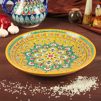 Ляган узбекский Риштанская Керамика «Цветы», d=31 см, жёлтый