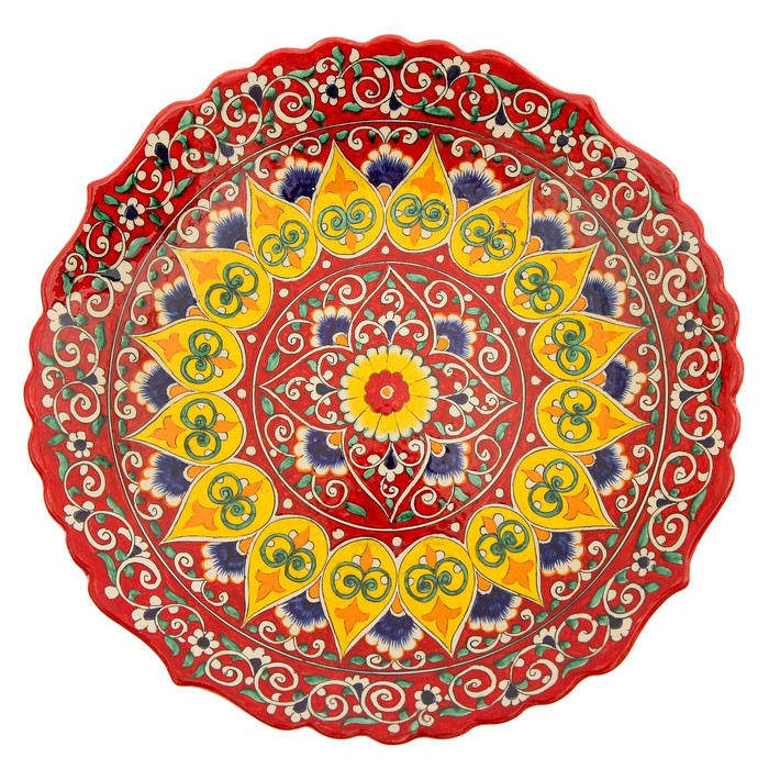 Ляган Риштанская Керамика "Цветы", 41 см, красный, рифлённый - фото 1883333115