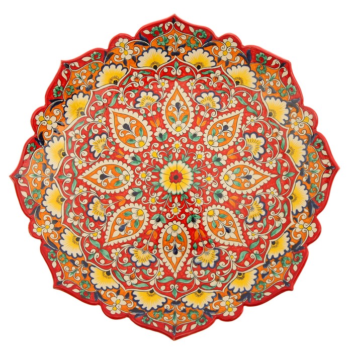 Ляган Риштанская Керамика "Цветы", 40 см, красный микс, рифлённый - фото 1883333121