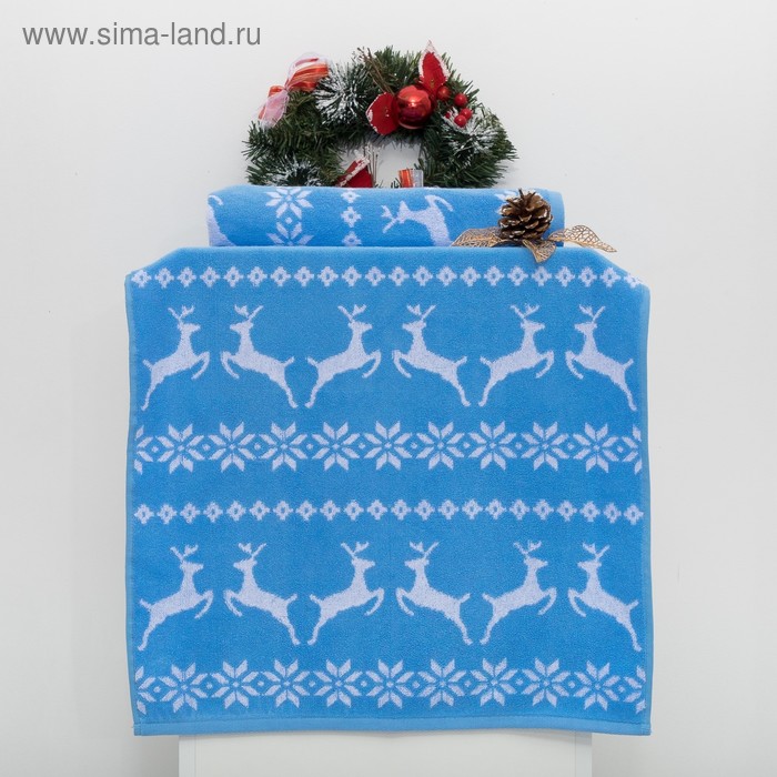 Полотенце махровое "Олени"  50х90см, голубой+отбелка , 420 г/м2,хлопок 100% - Фото 1