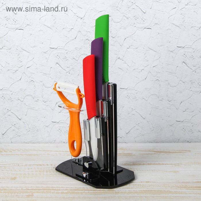 Набор кухонный на подставке, 4 предмета: ножи 7,5 см, 10 см, 12,5 см, овощечистка, цвет МИКС - Фото 1