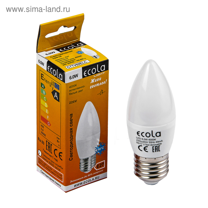 Лампа светодиодная Ecola Light, С37, 6 Вт, E27, 4000 K, 100x37 мм, дневной белый - Фото 1