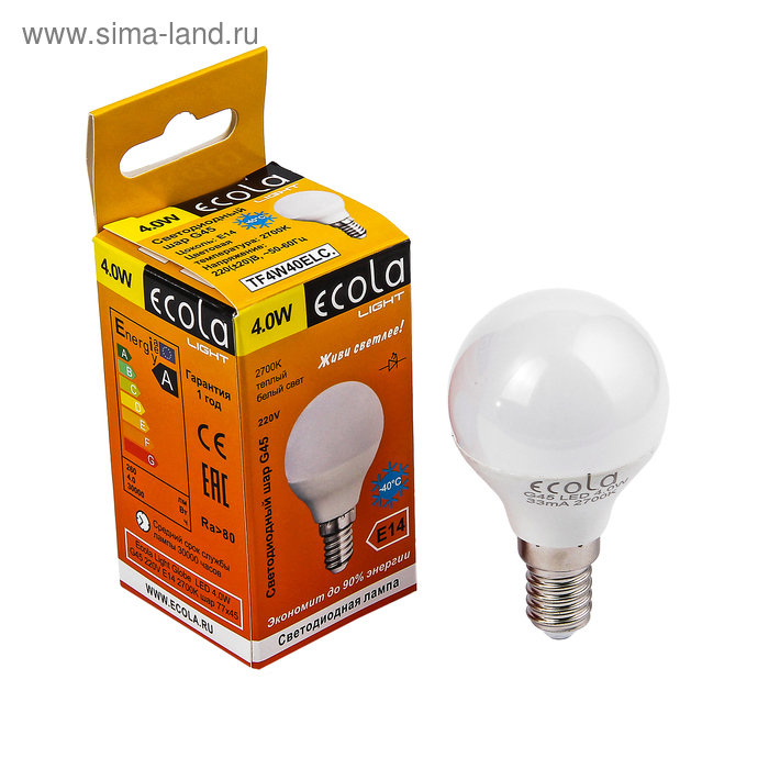 Лампа светодиодная Ecola Light, G45, 4 Вт, E14, 2700 K, 77x45 мм - Фото 1