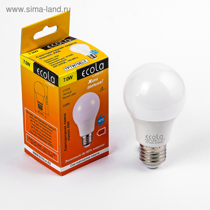 Лампа светодиодная Ecola Light, A60, E27, 7,0 Вт, 2700K, 220 В, 110x60 - Фото 1