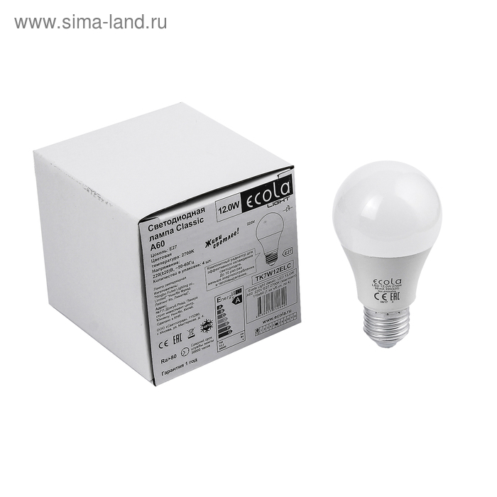 Лампа светодиодная Ecola Light, A60, 12 Вт, E27, 2700K, 110x60 мм - Фото 1
