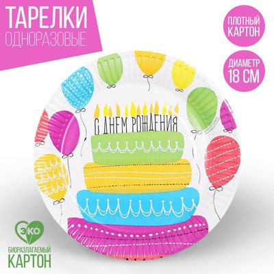 Тарелка одноразовая бумажная "Сднем рождения, торт " (18 см)