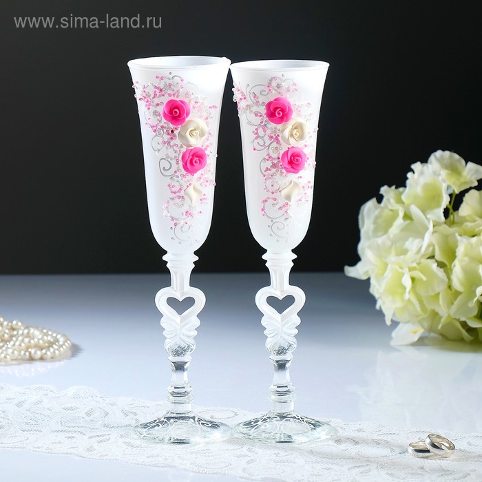 Набор свадебных бокалов "Роза", с лепниной, бело-розовый - Фото 1