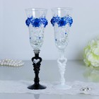 Набор свадебных бокалов  с лепниной, бисером и с сердцем на ножке, синий - Фото 1