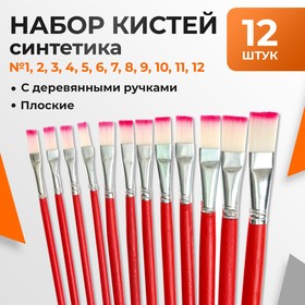 Набор кистей нейлон, плоские, 12 штук (№1, 2, 3, 4, 5, 6, 7, 8, 9, 10, 11, 12) с деревянными ручками 2694221