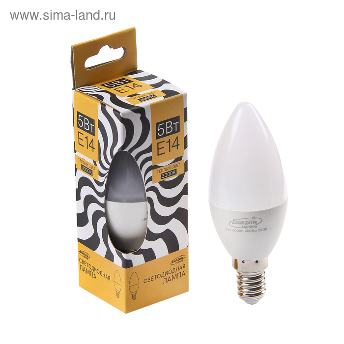 Лампа cветодиодная Luazon Lighting, C37, 5 Вт, E14, 450 Лм, 3000 K, теплый белый - Фото 1