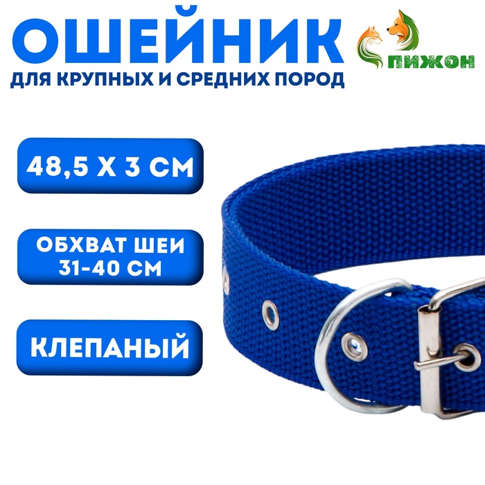 Ошейник клепаный, 48,5 х 3 см, ОШ 31-40 см, полиэстер, синий - Фото 1