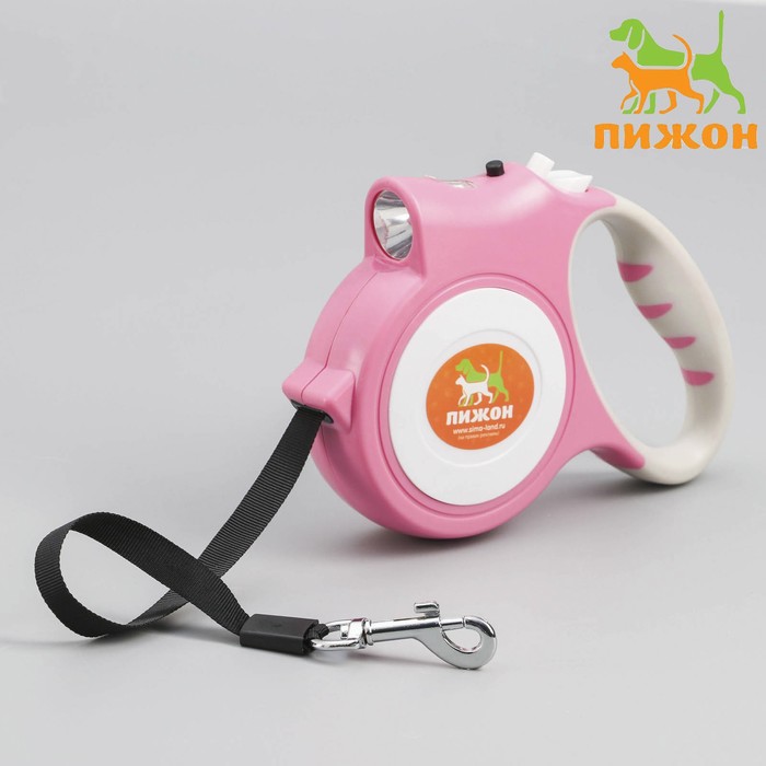 Рулетка "Пижон" с фонариком, прорезиненная ручка, 5 м, до 35 кг, розовая - Фото 1