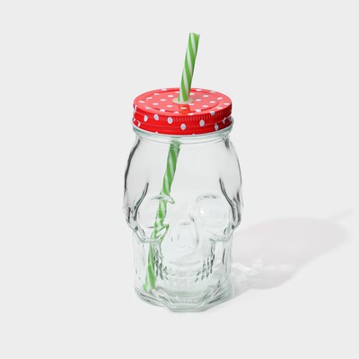 Кружка Доляна «Череп. Хэллоуин», 400 мл, 9×14.5 см, с крышкой и трубочкой, стекло, МИКС