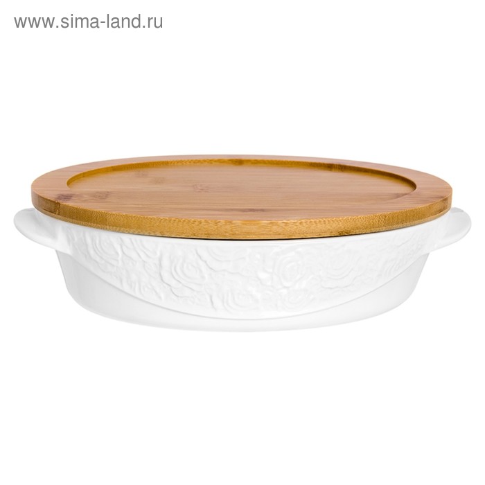 Блюдо для запекания и сервировки «Белые розы», форма овал, деревянная крышка-подставка, объём 1,6 л - Фото 1