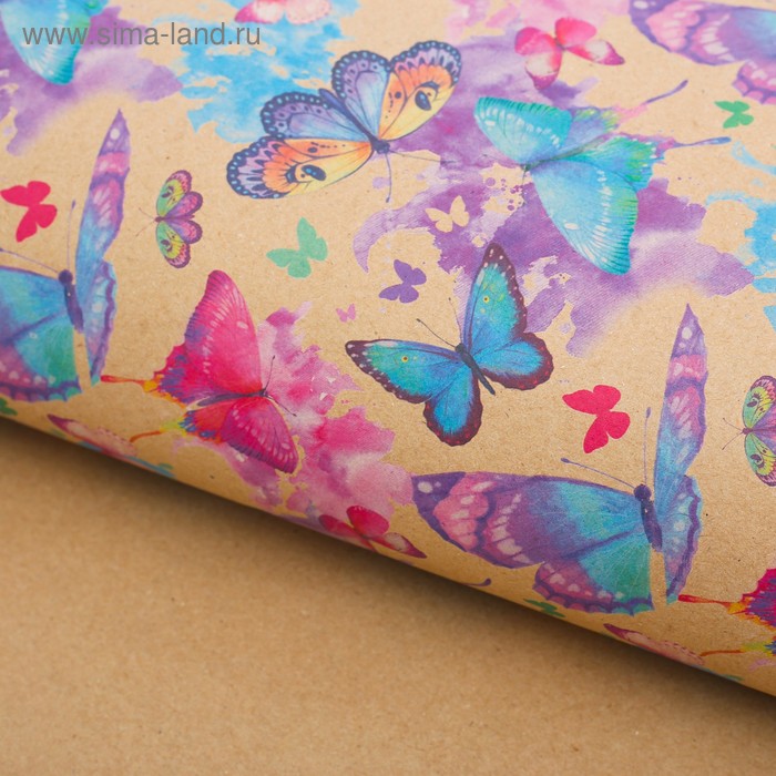 Бумага упаковочная крафтовая «Акварельные бабочки», 50 × 70 см - Фото 1
