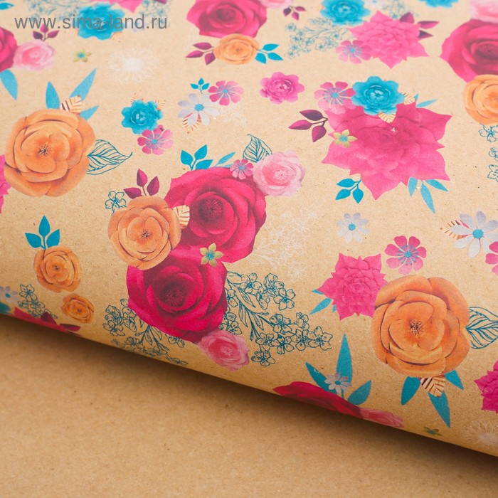 Бумага упаковочная крафтовая «Цветочный декор», 50 × 70 см - Фото 1