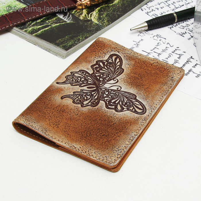Обложка для паспорта сувенирная "Бабочка", 2 кармана для карт, цвет коричневый - Фото 1