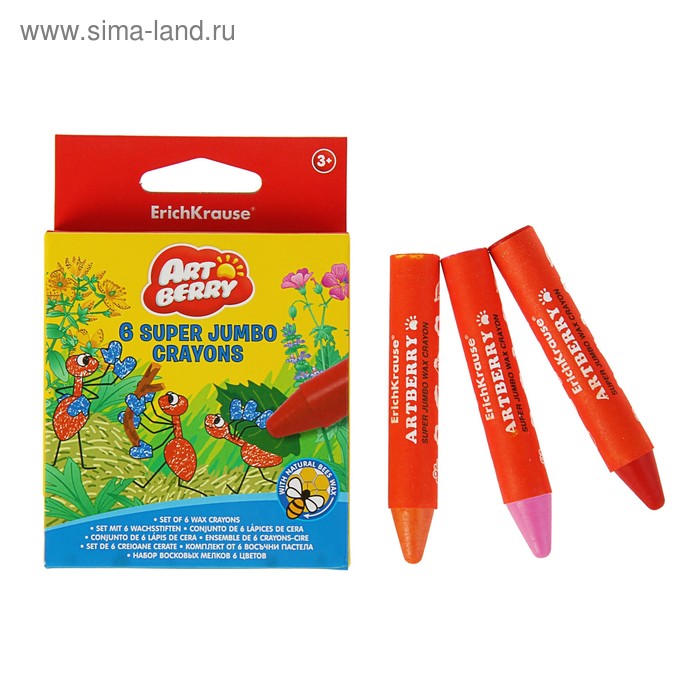 Мелки восковые 6 цветов ArtBerry Super Jumbo, европодвес - Фото 1