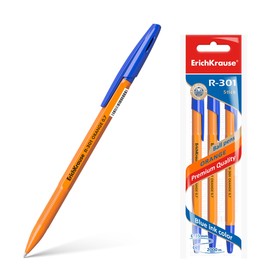 Набор ручек шариковых 3 штуки ErichKrause R-301 Orange Stick, узел 0.7 мм, чернила синие, длина линии письма 2000 метров, европодвес