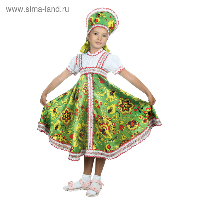 Русский народный костюм "Хохлома", платье, кокошник, цвет зелёный, р-р 30, рост 110-116 см - Фото 1