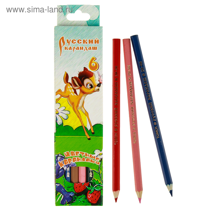 Карандаши 6 цветов "Русский карандаш. Олененок", шестигранные, ok 6.4мм - Фото 1