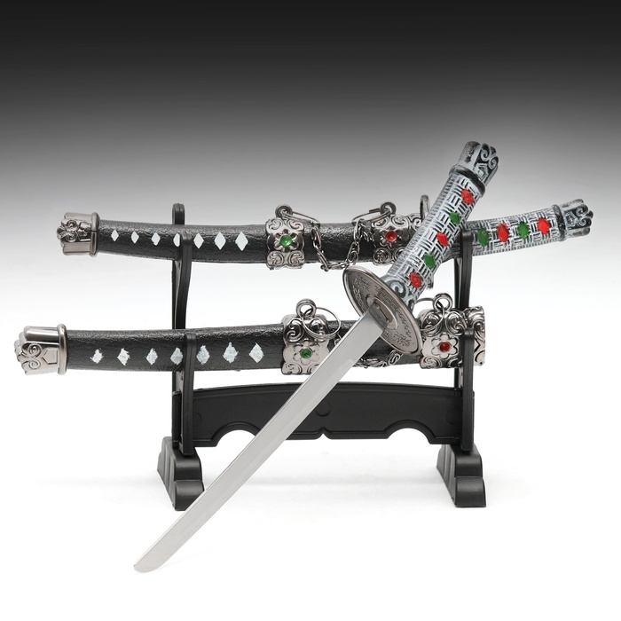 Макет оружия «Сувенирные катаны на подставке 2в1. Кристалл», подарочный набор, ножны чёрный с белыми ромбами, 16 см; 20 см, МИКС - Фото 1