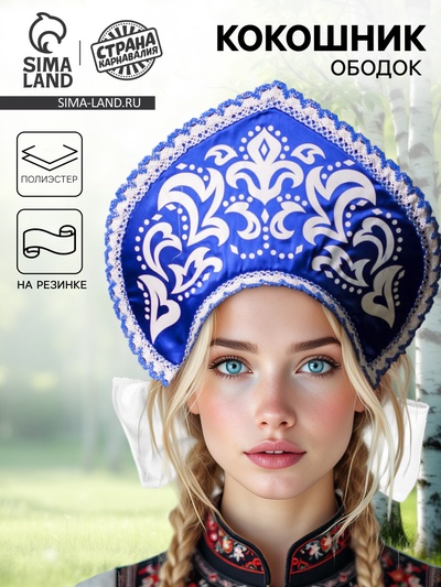 Кокошник русский народный «Морозный узор», атлас, синий