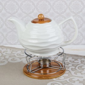 Чайник керамический заварочный с подогревом на деревянной подставке «Эстет», 900 мл, цвет белый