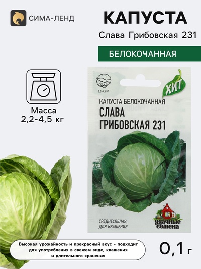 Семена Капуста белокочанная «Слава Грибовская 231», 0.1 г, среднеспелая, «Удачные семена»